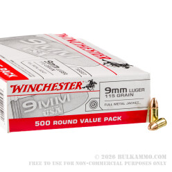 500 Rounds of 9mm Ammo by Winchester USA - 115gr FMJ