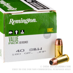 100 Rounds of .40 S&W Ammo by Remington - 180gr JHP