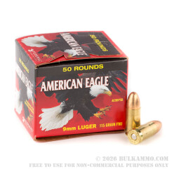 50 Rounds of 9mm Ammo by Federal American Eagle - 115gr FMJ