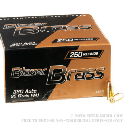250 Rounds of .380 ACP Ammo by Blazer Brass - 95gr FMJ