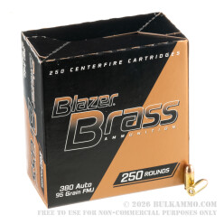 250 Rounds of .380 ACP Ammo by Blazer Brass - 95gr FMJ