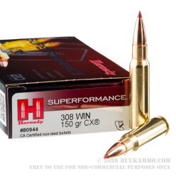 20 Rounds of .308 Win Ammo by Hornady Superformance - 150gr CX