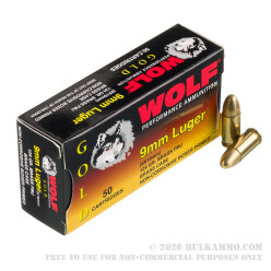 50 Rounds of 9mm Ammo by Wolf Gold - 124gr FMJ