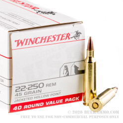 40 Rounds of .22-250 Rem Ammo by Winchester - 45gr JHP