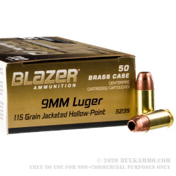 50 Rounds of 9mm Ammo by Blazer Brass - 115gr JHP