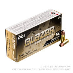 50 Rounds of 9mm Ammo by Blazer Brass - 115gr JHP