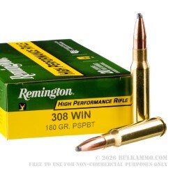 200 Rounds of .308 Win Ammo by Remington High Performance Rifle - 180gr PSP BT