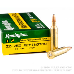 20 Rounds of .22-250 Rem Ammo by Remington - 55gr PSP