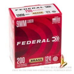 200 Rounds of 9mm Ammo by Federal Champion - 124gr FMJ