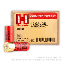 100 Rounds of 12ga Ammo by Hornady Varmint Express - #4 Buck