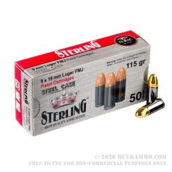 1500 Rounds of 9mm Ammo by Sterling Steel - 115gr FMJ