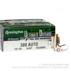 20 Rounds of .380 ACP Ammo by Remington Ultimate Defense - 102 gr JHP