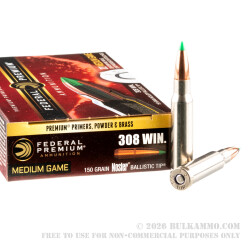 20 Rounds of .308 Win Ammo by Federal - 150gr Nosler Ballistic Tip