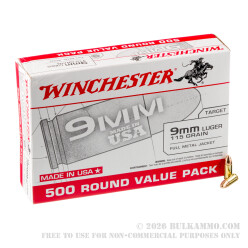 1000 Rounds of 9mm Ammo by Winchester USA - 115gr FMJ