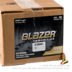 1000 Rounds of 9mm Ammo by Blazer Brass - 115gr FMJ