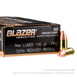 50 Rounds of 9mm Ammo by Blazer Brass Reduced Recoil - 100gr FMJ
