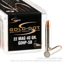 500 Rounds of .22 WMR Ammo by Speer Gold Dot Short Barrel - 40gr JHP
