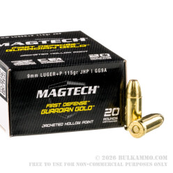 20 Rounds of +P 9mm Ammo by Magtech Guardian Gold - 115gr JHP