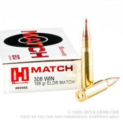 20 Rounds of .308 Win Ammo by Hornady Match - 168gr ELD Match