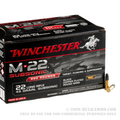 800 Rounds of .22 LR Ammo by Winchester Subsonic - 45 gr Copper Plated Round Nose