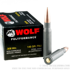 20 Rounds of .308 Win Ammo by Wolf WPA Polyformance - 145gr FMJ