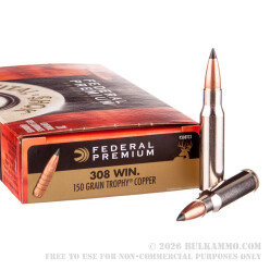 20 Rounds of .308 Win Ammo by Federal Premium Vital-Shok - 150gr Trophy Copper Polymer Tipped