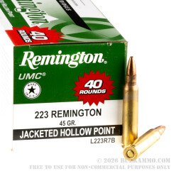 400 Rounds of .223 Ammo by Remington UMC - 45gr JHP