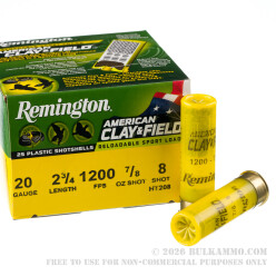 250 Rounds of 20ga Ammo by Remington American Clay & Field - 7/8 ounce #8 shot