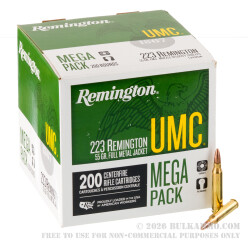 200 Round Mega Pack of .223 Ammo by Remington - 55gr MC