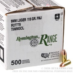 500 Rounds of 9mm Ammo by Remington Range - 115gr FMJ