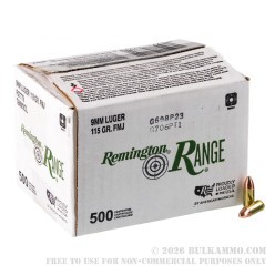 500 Rounds of 9mm Ammo by Remington Range - 115gr FMJ
