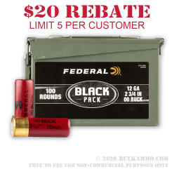 100 Rounds of 12ga Ammo by Federal Black - 00 Buck - 9 Pellet