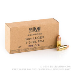 50 Rounds of 9mm Ammo by Israeli Military Industries - 115gr FMJ