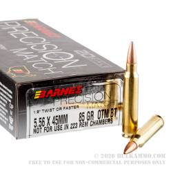 20 Rounds of 5.56x45 Ammo by Barnes Precision Match - 85gr OTM