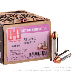 250 Rounds of .38 Spl Ammo by Hornady Critical Defense - 90gr FTX
