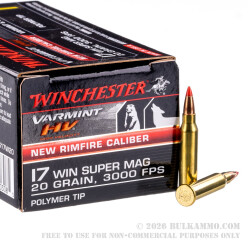 500 Rounds of .17 WSM Ammo by Winchester Varmint HV - 20gr Polymer Tipped