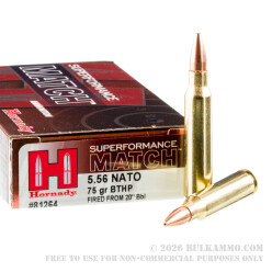 200 Rounds of 5.56x45 Ammo by Hornady Superformance Match - 75gr HPBT