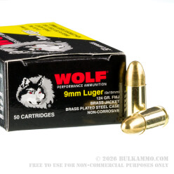 50 Rounds of 9mm Ammo by Wolf - 124gr FMJ ***STEEL CASES***