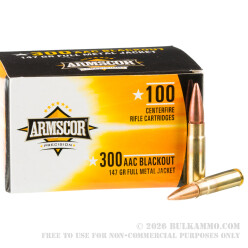 100 Rounds of .300 AAC Blackout Ammo by Armscor - 147gr FMJ