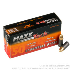 1000 Rounds of 9mm Ammo by MAXXTech Essential Steel - 115gr FMJ