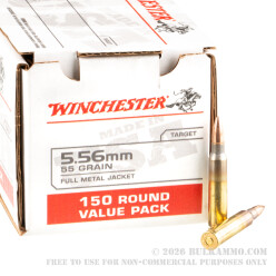 150 Rounds of 5.56x45 Ammo by Winchester USA - 55gr FMJ