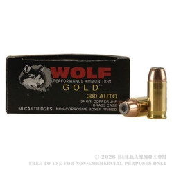380 Auto 94 gr JHP Wolf Gold Ammo For Sale!