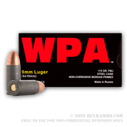 500  Rounds of 9mm Ammo by Wolf WPA - 115gr FMJ