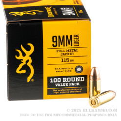 100 Rounds of 9mm Ammo by Browning - 115gr FMJ