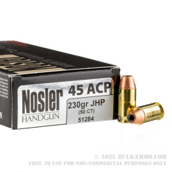 50 Rounds of Match Grade .45 ACP Ammo by Nosler Ammunition - 230gr JHP