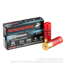 5 Rounds of 12ga Ammo by Winchester Ranger - 00 Buck 9 Pellets Low Recoil