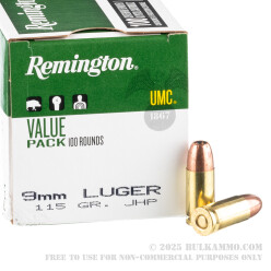 100 Rounds of 9mm Ammo by Remington - 115gr JHP