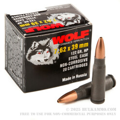 1000 Rounds of 7.62x39mm Ammo by Wolf - 122gr HP