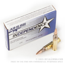 20 Rounds of 5.56x45mm Ammo by Independence - 55gr Full Metal Jacket - Boat Tail