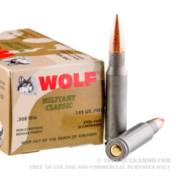 20 Rounds of .308 Win Ammo by Wolf - 145gr FMJ